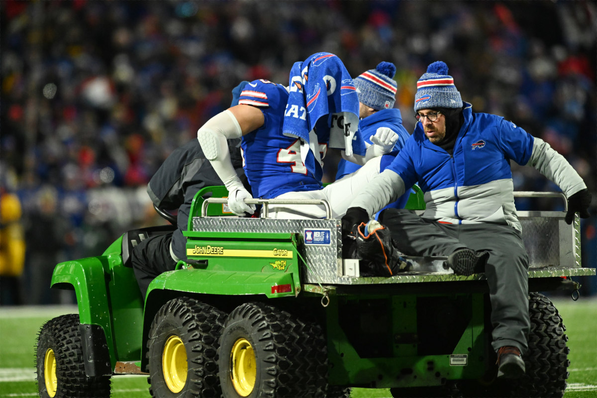 Terrel Bernard gets carted off the field after his ankle injury vs. the Pittsburgh Steelers on Monday.